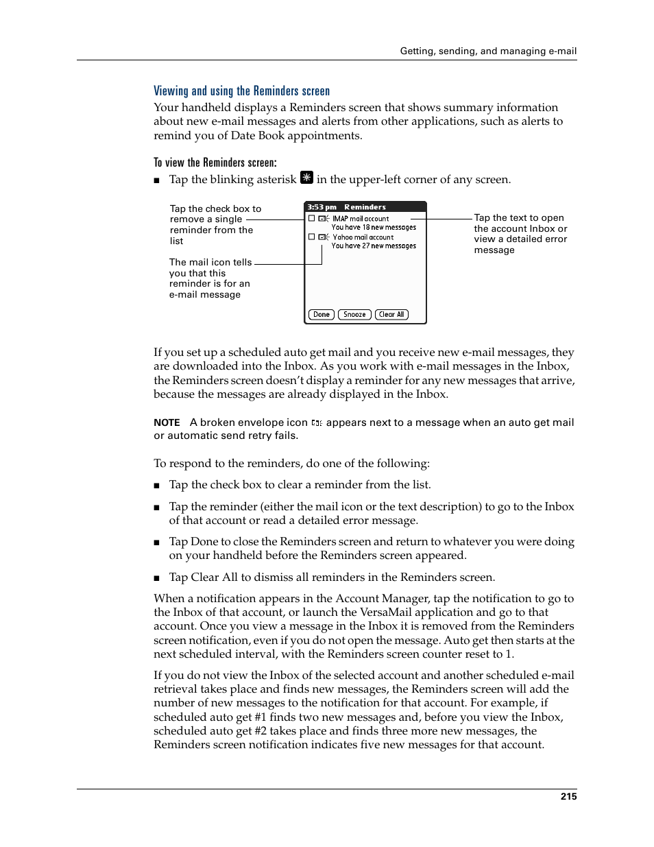 Viewing and using the reminders screen, To view the reminders screen, Viewing and | Using the reminders screen, Later | Palm TUNGSTEN T2 User Manual | Page 229 / 502