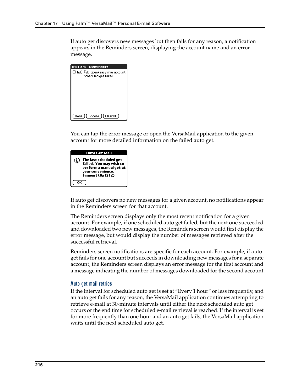 Auto get mail retries | Palm TUNGSTEN T2 User Manual | Page 230 / 502