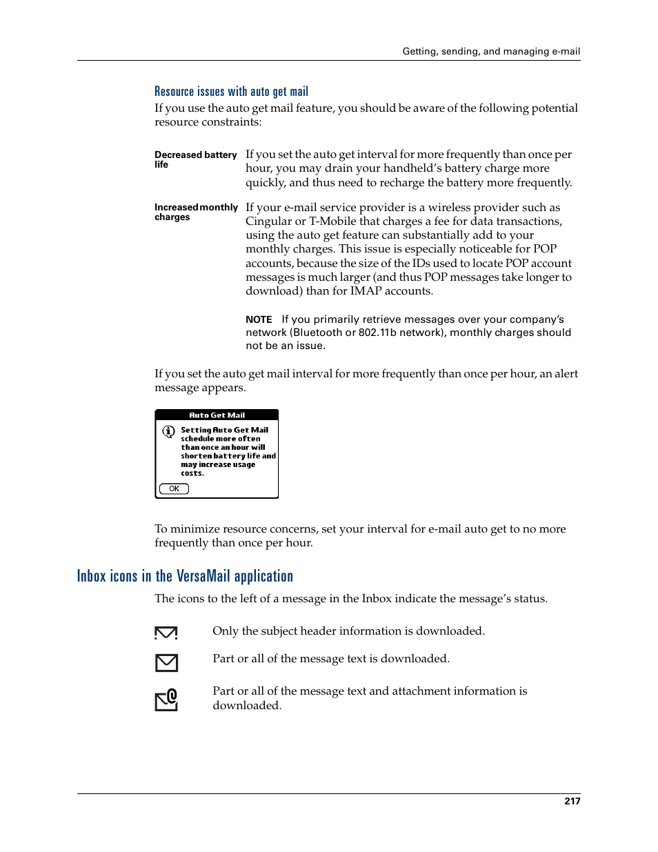 Resource issues with auto get mail, Inbox icons in the versamail application | Palm TUNGSTEN T2 User Manual | Page 231 / 502