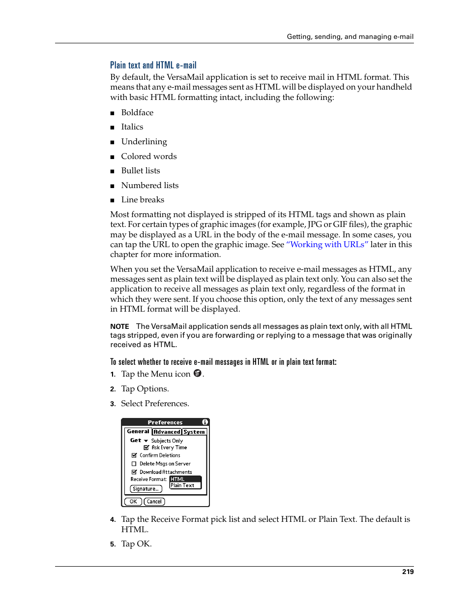 Plain text and html e-mail | Palm TUNGSTEN T2 User Manual | Page 233 / 502