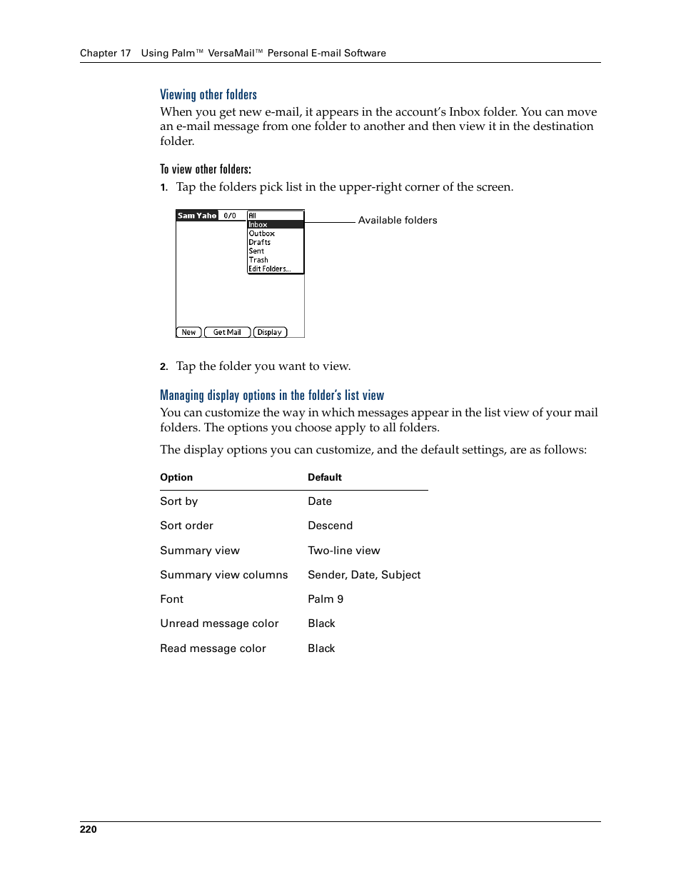 Viewing other folders, To view other folders, Managing display options in the folder’s list view | Palm TUNGSTEN T2 User Manual | Page 234 / 502