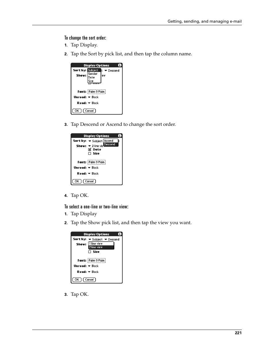 To change the sort order, To select a one-line or two-line view | Palm TUNGSTEN T2 User Manual | Page 235 / 502