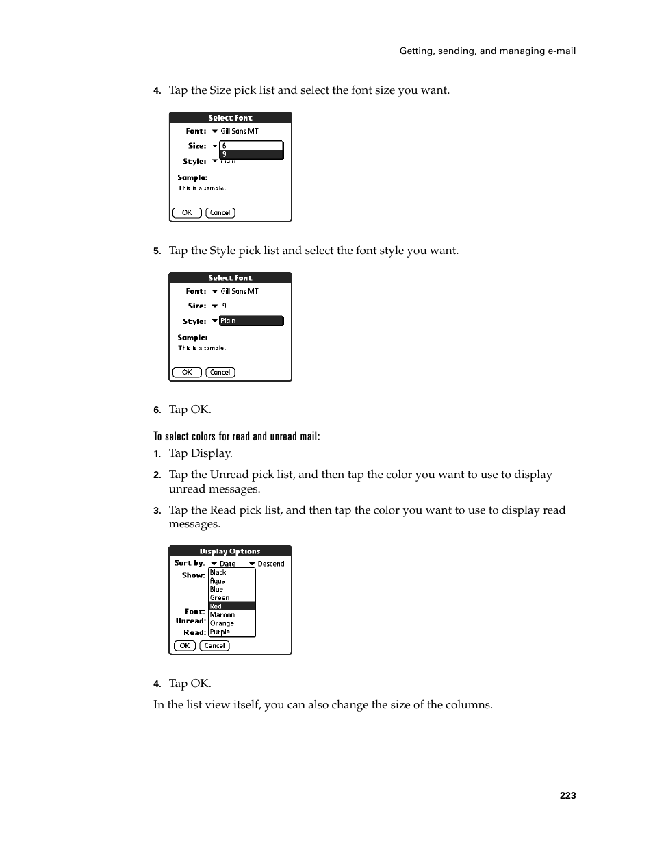 To select colors for read and unread mail | Palm TUNGSTEN T2 User Manual | Page 237 / 502