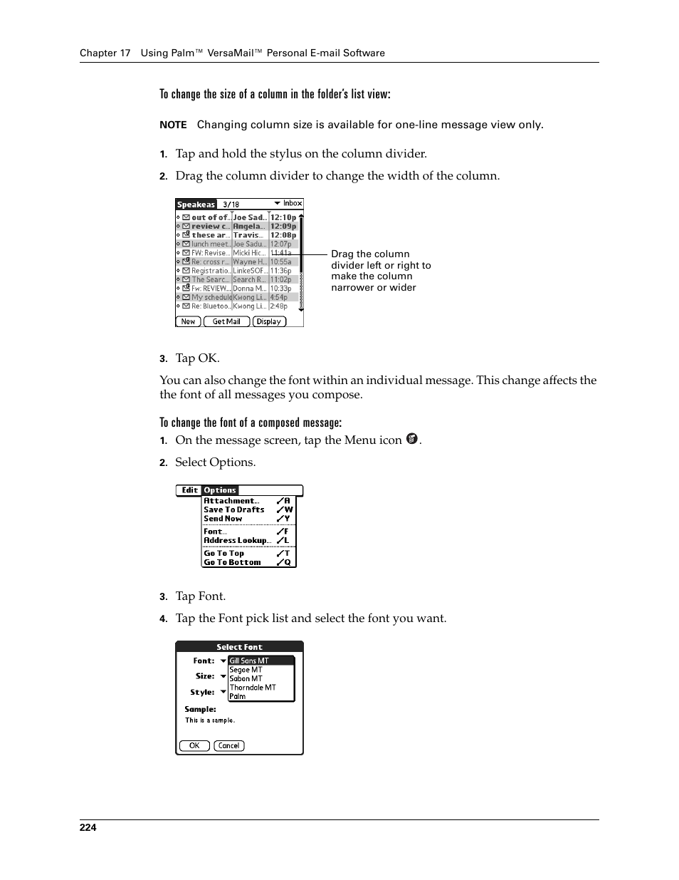 To change the font of a composed message | Palm TUNGSTEN T2 User Manual | Page 238 / 502