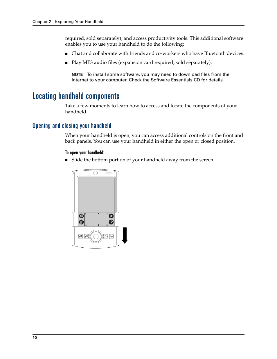 Locating handheld components, Opening and closing your handheld, To open your handheld | Palm TUNGSTEN T2 User Manual | Page 24 / 502