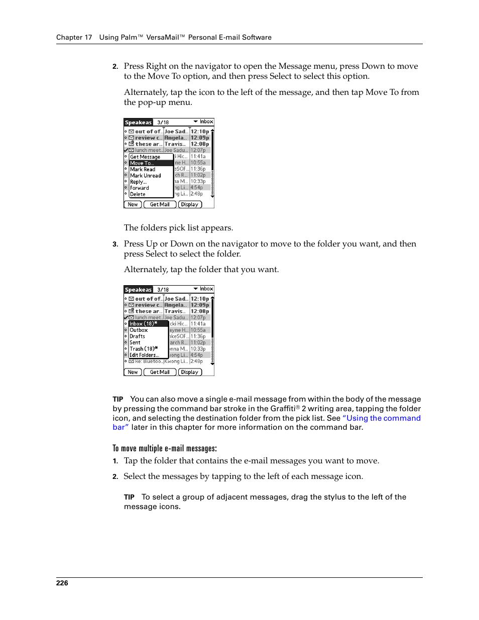 To move multiple e-mail messages | Palm TUNGSTEN T2 User Manual | Page 240 / 502