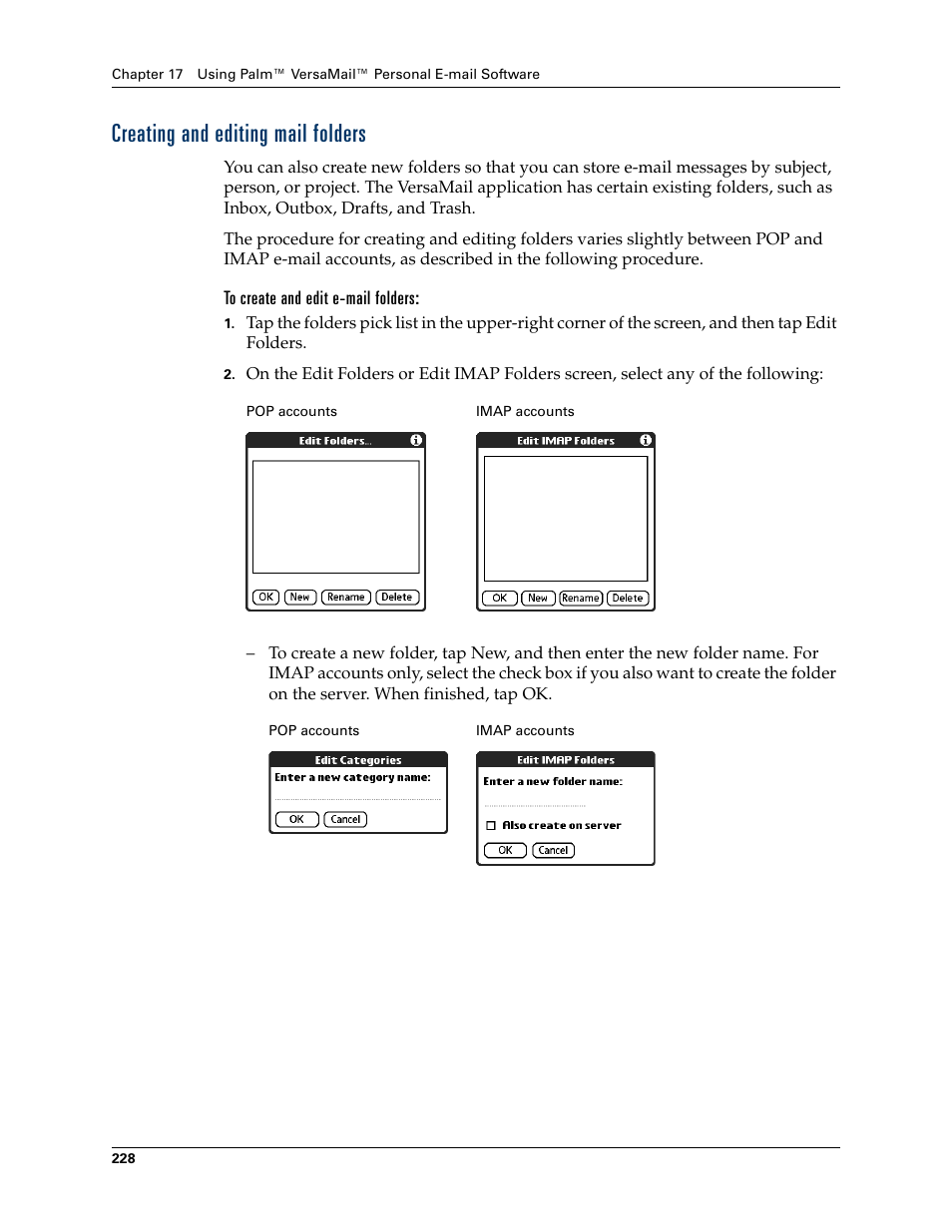 Creating and editing mail folders, To create and edit e-mail folders | Palm TUNGSTEN T2 User Manual | Page 242 / 502