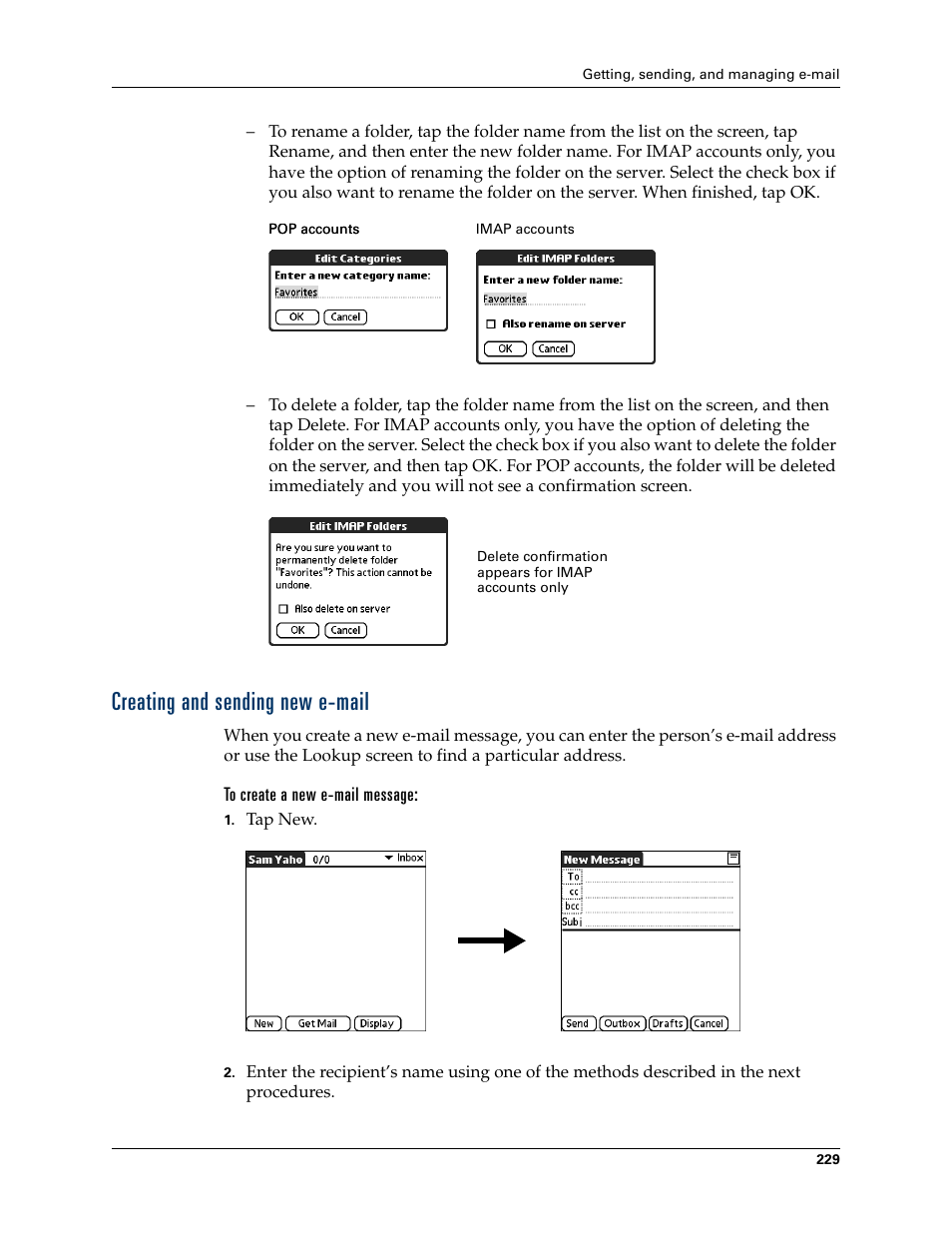 Creating and sending new e-mail, To create a new e-mail message | Palm TUNGSTEN T2 User Manual | Page 243 / 502