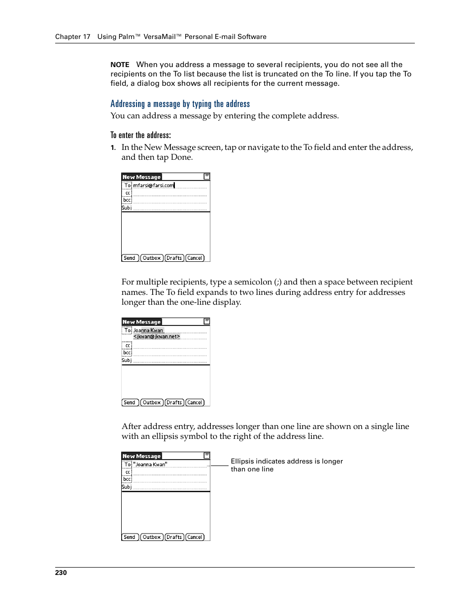 Addressing a message by typing the address, To enter the address | Palm TUNGSTEN T2 User Manual | Page 244 / 502