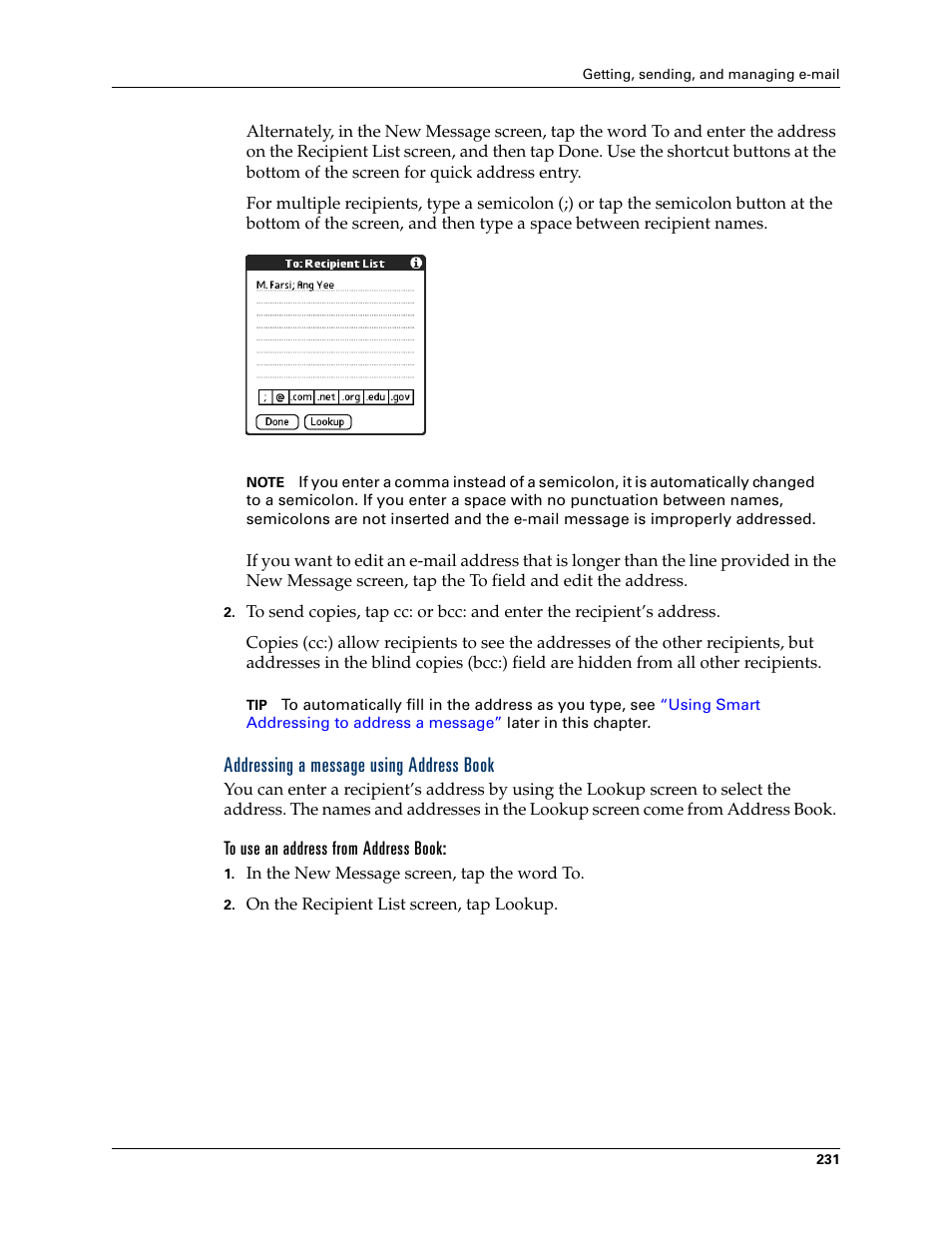 Addressing a message using address book, To use an address from address book | Palm TUNGSTEN T2 User Manual | Page 245 / 502