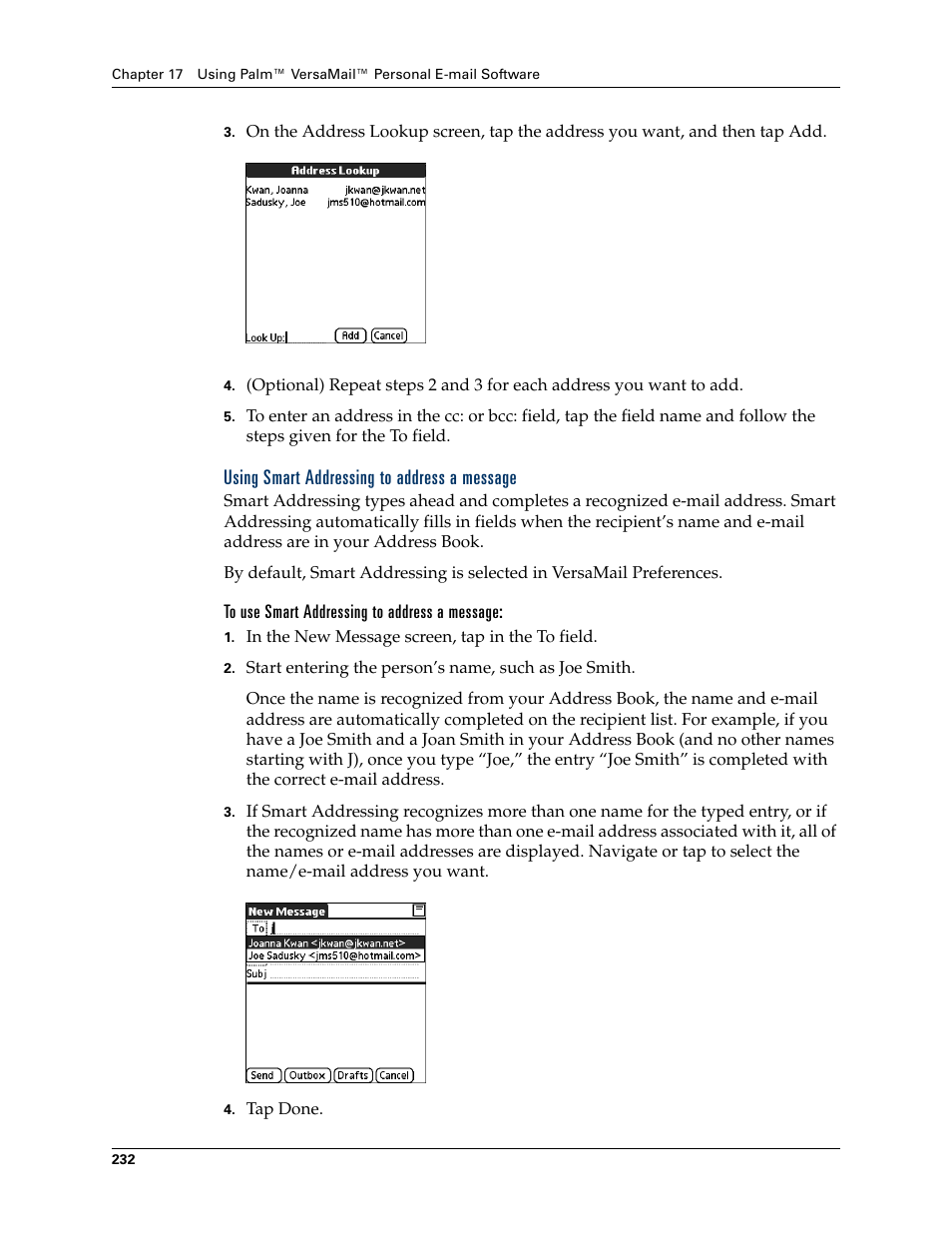 Using smart addressing to address a message, To use smart addressing to address a message | Palm TUNGSTEN T2 User Manual | Page 246 / 502