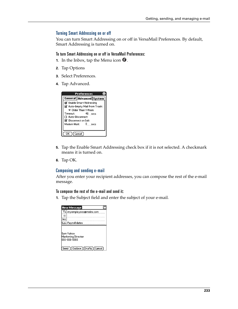 Turning smart addressing on or off, Composing and sending e-mail, To compose the rest of the e-mail and send it | Palm TUNGSTEN T2 User Manual | Page 247 / 502