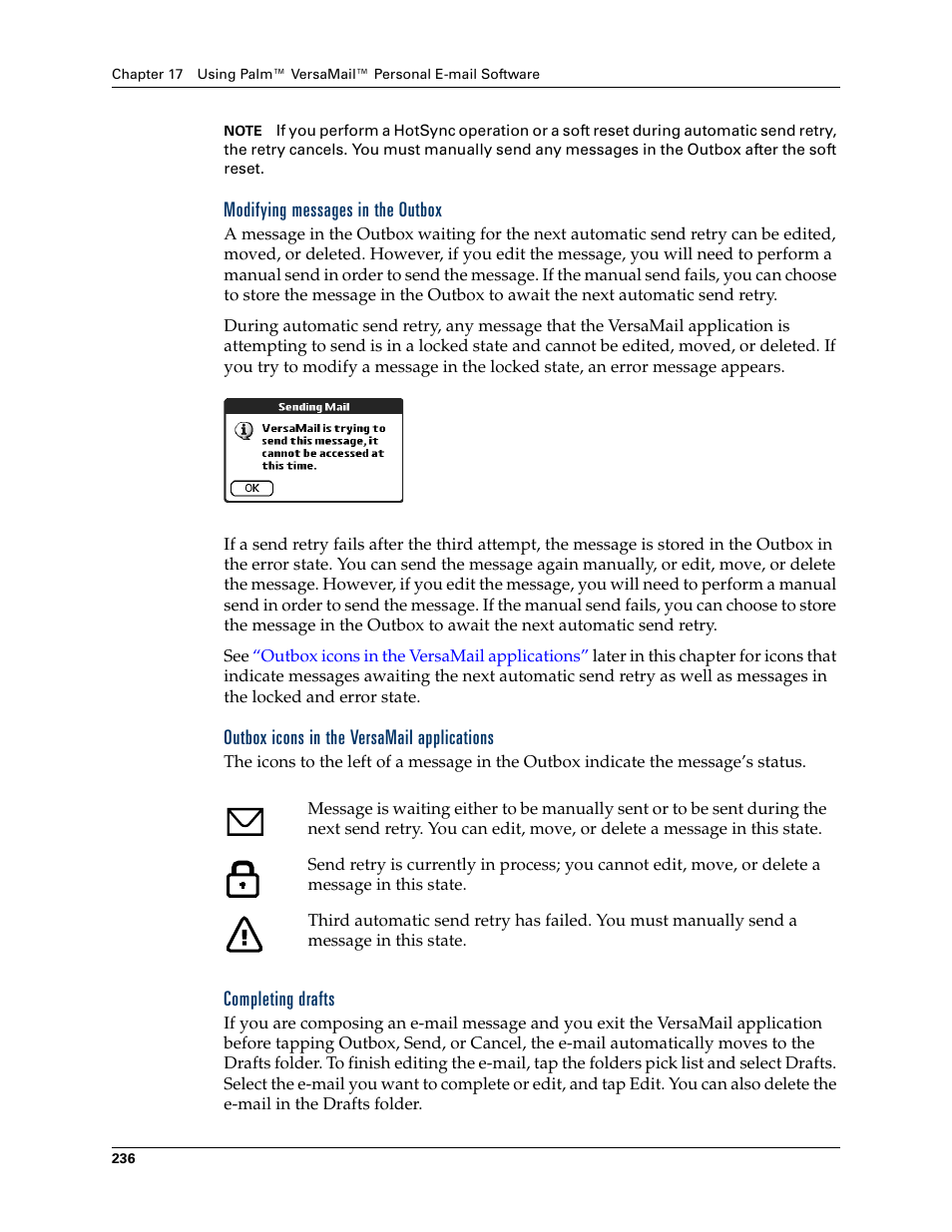 Modifying messages in the outbox, Outbox icons in the versamail applications, Completing drafts | Palm TUNGSTEN T2 User Manual | Page 250 / 502