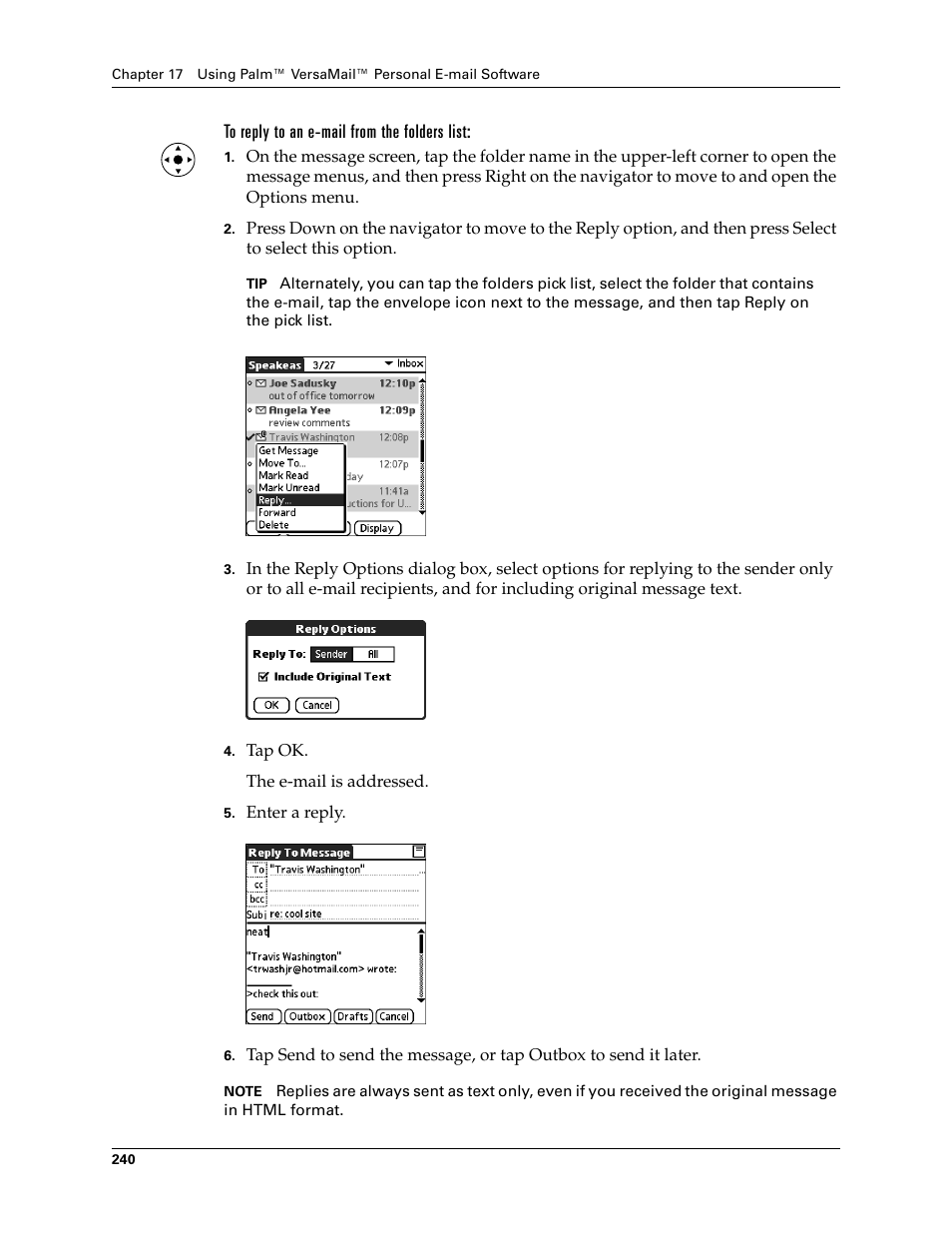 To reply to an e-mail from the folders list | Palm TUNGSTEN T2 User Manual | Page 254 / 502