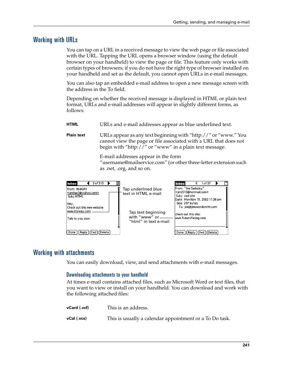 Working with urls, Working with attachments, Downloading attachments to your handheld | Working with urls working with attachments | Palm TUNGSTEN T2 User Manual | Page 255 / 502