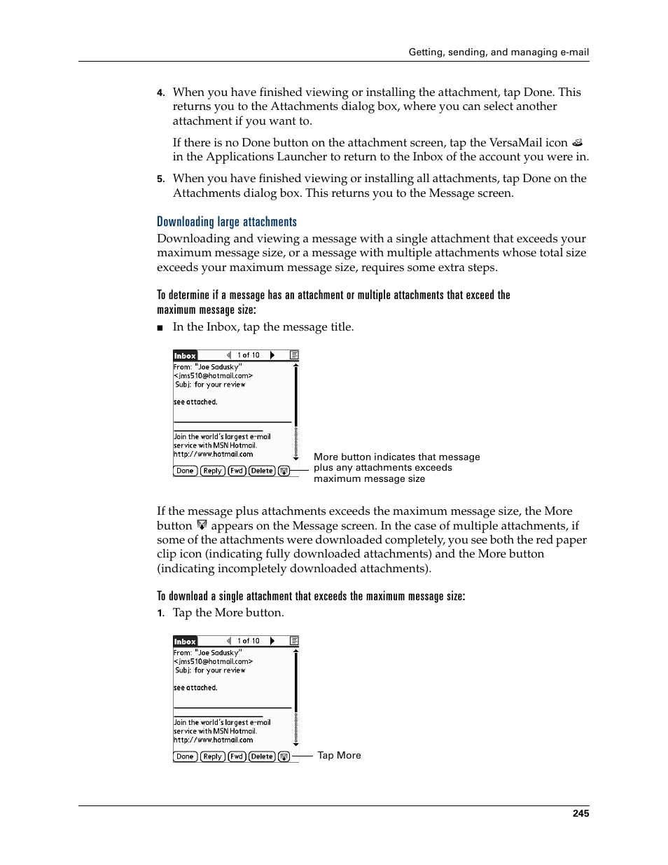Downloading large attachments | Palm TUNGSTEN T2 User Manual | Page 259 / 502