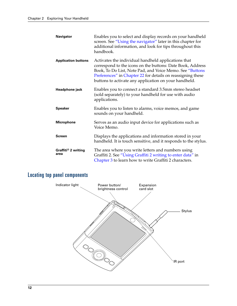 Locating top panel components | Palm TUNGSTEN T2 User Manual | Page 26 / 502