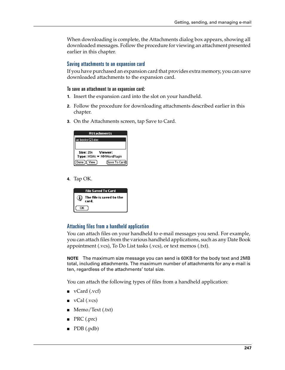 Saving attachments to an expansion card, To save an attachment to an expansion card, Attaching files from a handheld application | Palm TUNGSTEN T2 User Manual | Page 261 / 502