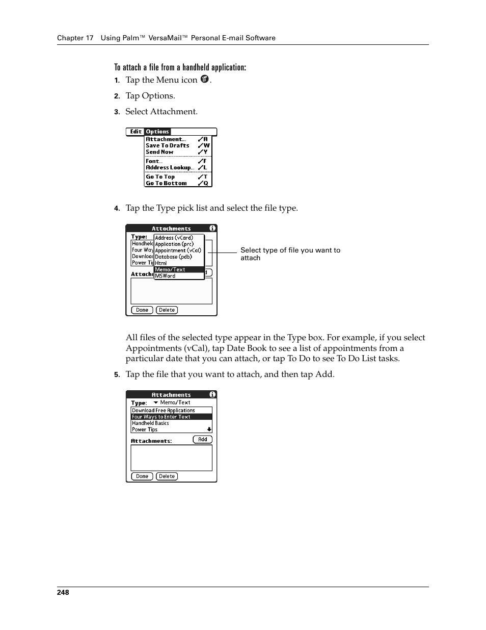 To attach a file from a handheld application | Palm TUNGSTEN T2 User Manual | Page 262 / 502