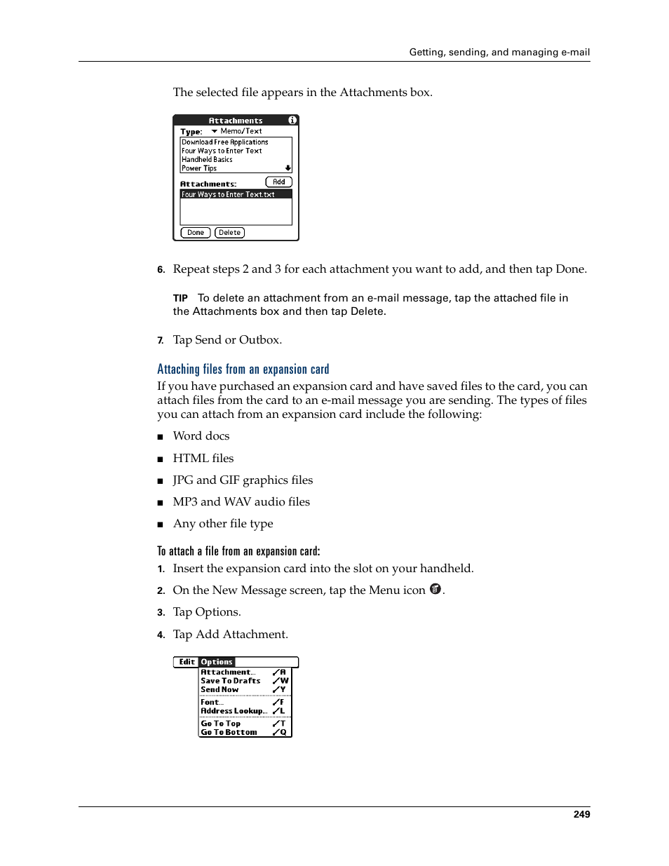 Attaching files from an expansion card, To attach a file from an expansion card | Palm TUNGSTEN T2 User Manual | Page 263 / 502