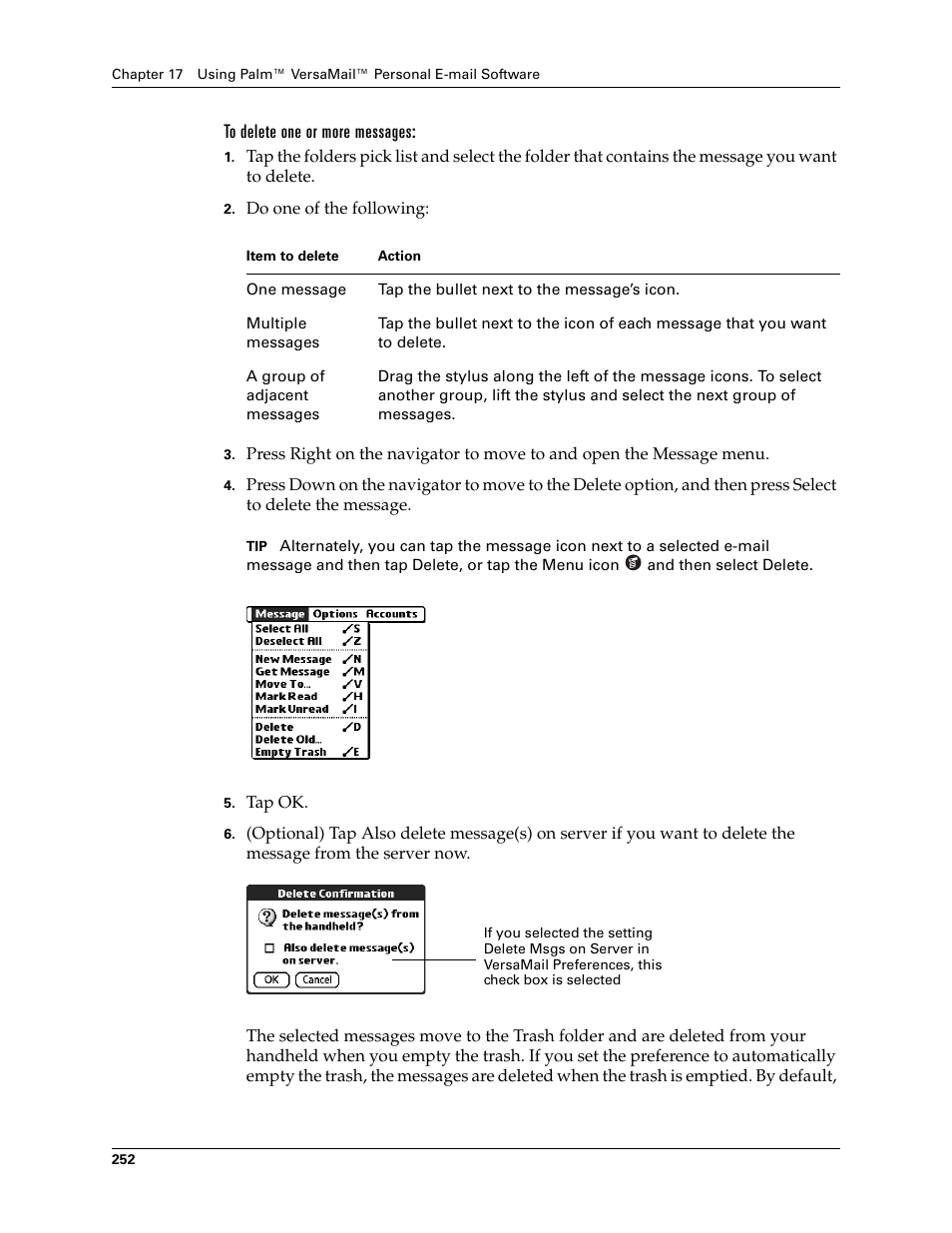 To delete one or more messages | Palm TUNGSTEN T2 User Manual | Page 266 / 502