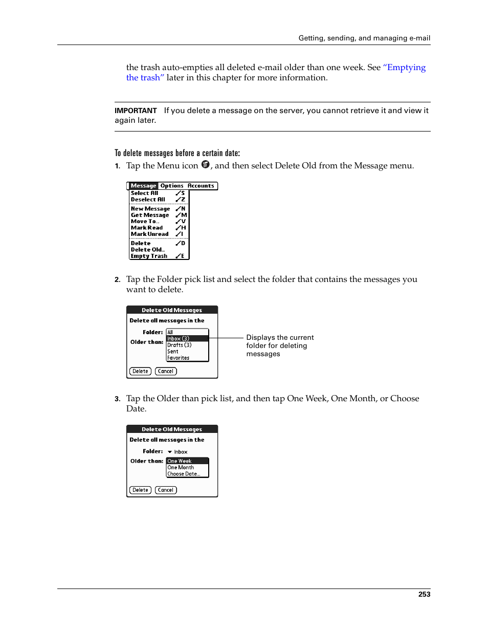 To delete messages before a certain date | Palm TUNGSTEN T2 User Manual | Page 267 / 502