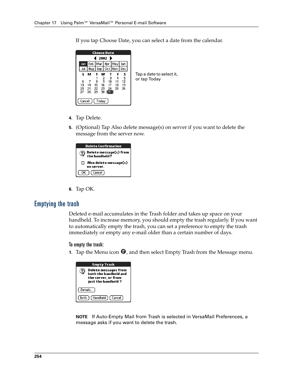 Emptying the trash, To empty the trash, Later i | Palm TUNGSTEN T2 User Manual | Page 268 / 502