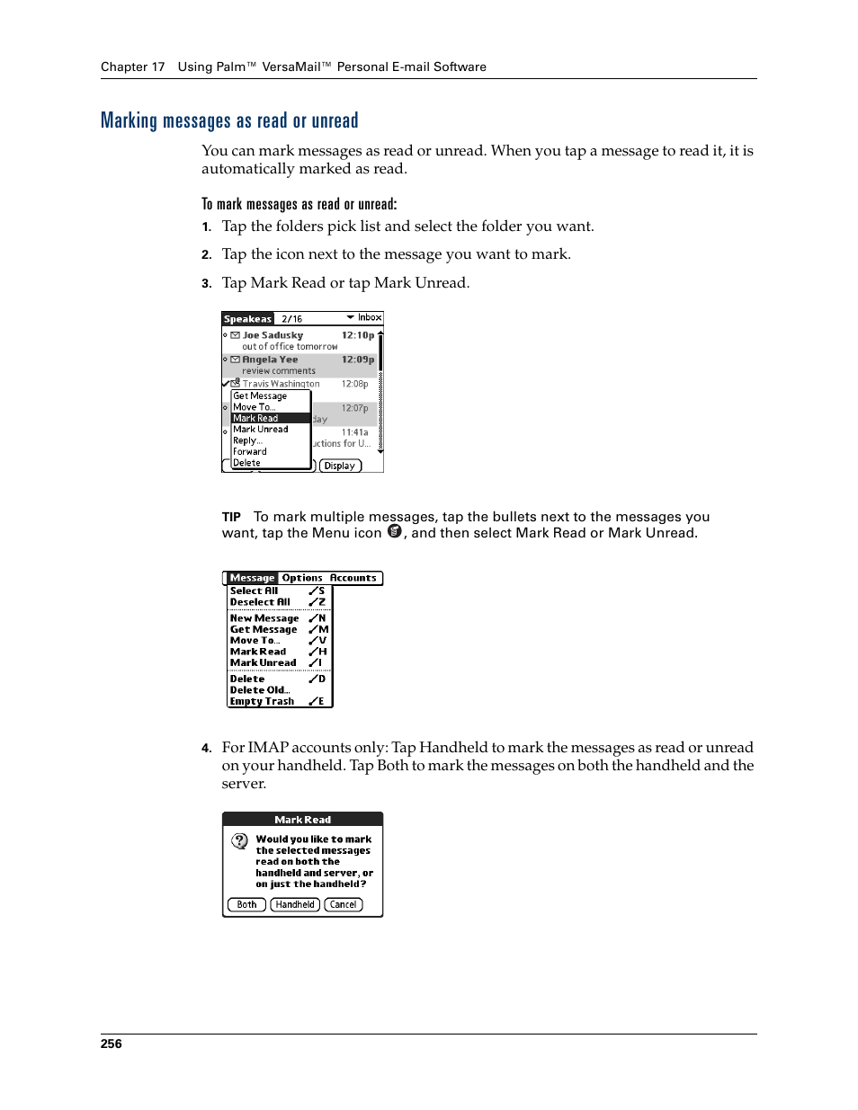 Marking messages as read or unread, To mark messages as read or unread | Palm TUNGSTEN T2 User Manual | Page 270 / 502