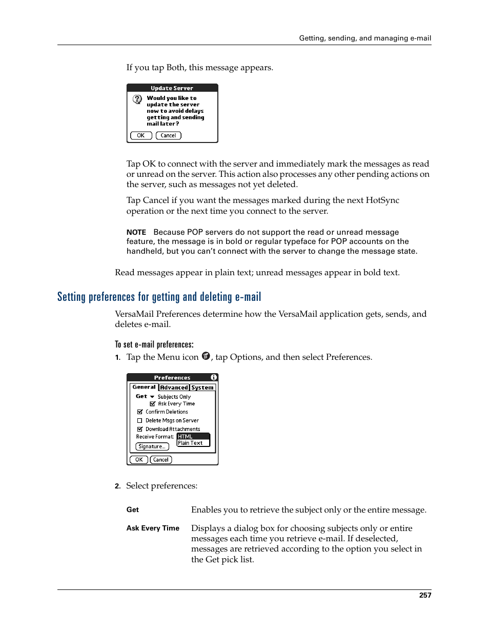 To set e-mail preferences, Setting preferences for getting and, Deleting e-mail | Palm TUNGSTEN T2 User Manual | Page 271 / 502