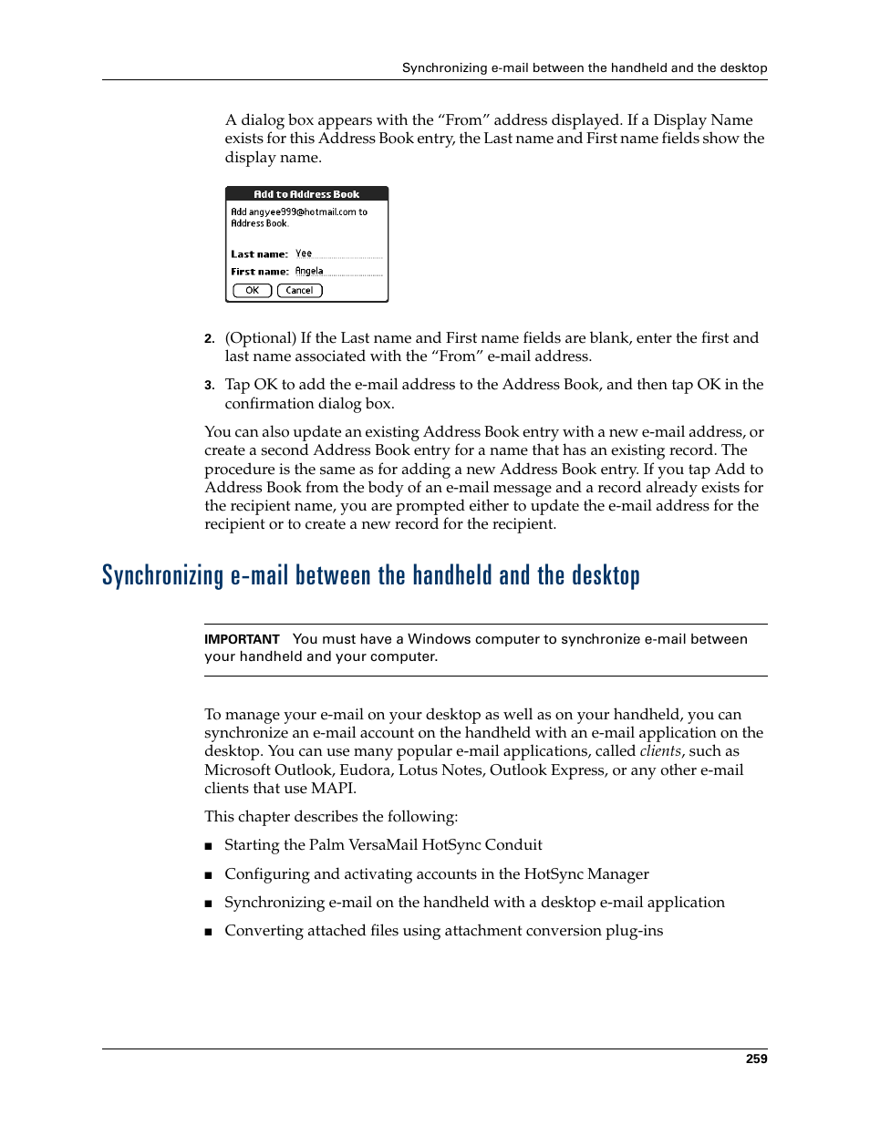 Synchronizing e-mail, Between the handheld and the desktop | Palm TUNGSTEN T2 User Manual | Page 273 / 502