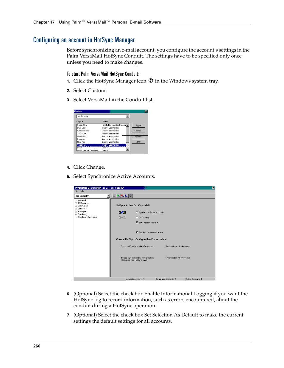 Configuring an account in hotsync manager, To start palm versamail hotsync conduit, Configuring an account | In hotsync manager | Palm TUNGSTEN T2 User Manual | Page 274 / 502