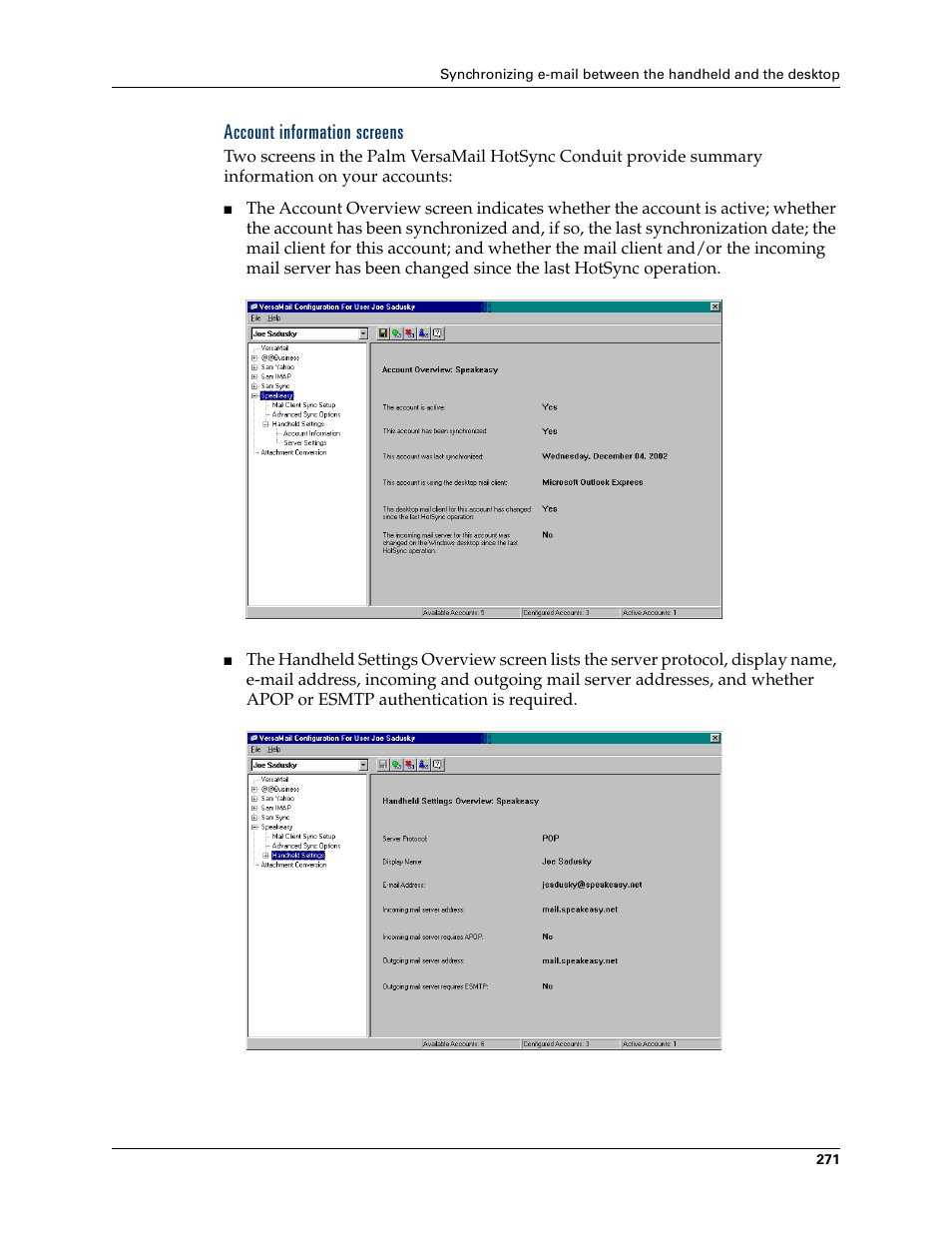 Account information screens | Palm TUNGSTEN T2 User Manual | Page 285 / 502