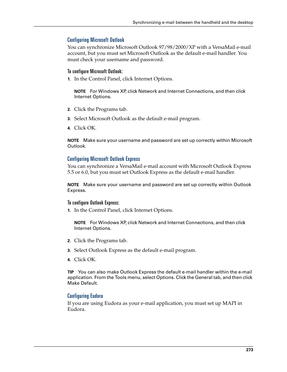 Configuring microsoft outlook, To configure microsoft outlook, Configuring microsoft outlook express | To configure outlook express, Configuring eudora, Configuring, Microsoft outlook, Express | Palm TUNGSTEN T2 User Manual | Page 287 / 502