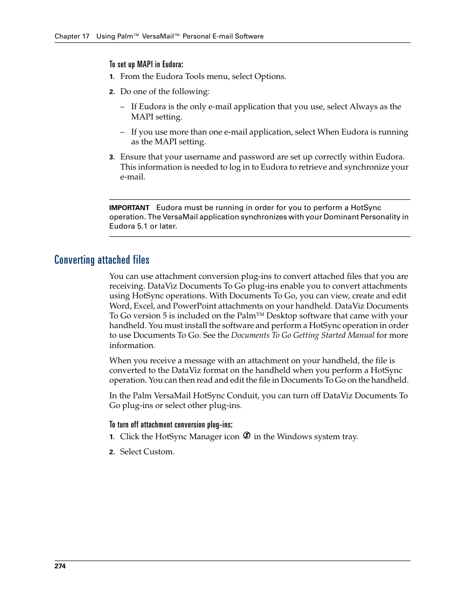 To set up mapi in eudora, Converting attached files, To turn off attachment conversion plug-ins | Palm TUNGSTEN T2 User Manual | Page 288 / 502