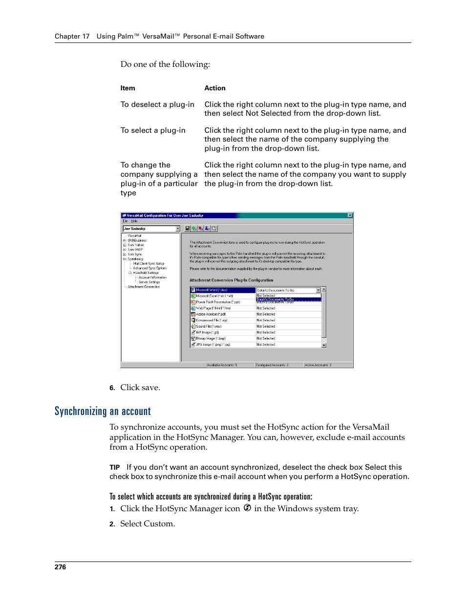 Synchronizing an account | Palm TUNGSTEN T2 User Manual | Page 290 / 502