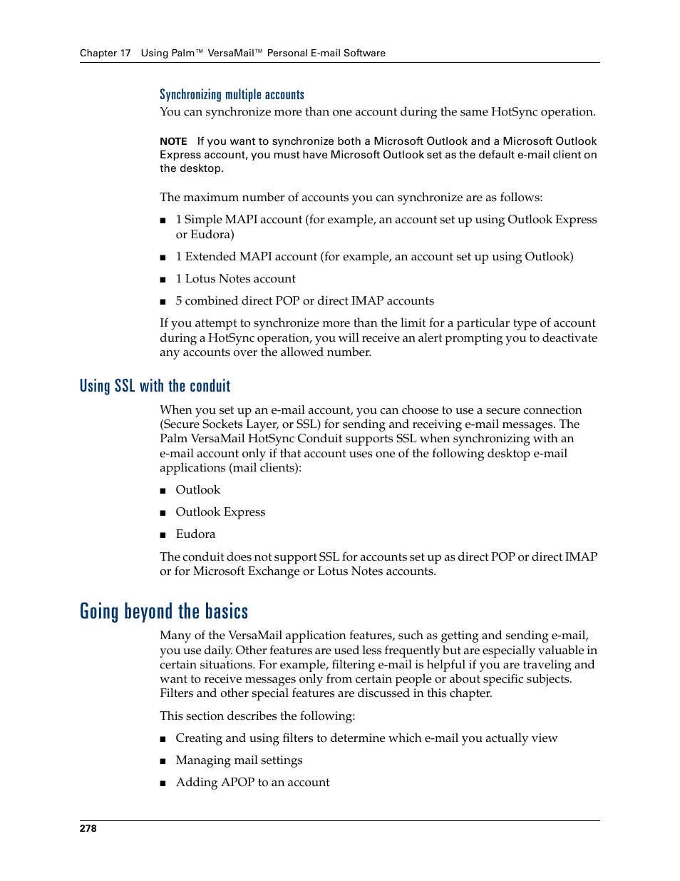 Synchronizing multiple accounts, Using ssl with the conduit, Going beyond the basics | Palm TUNGSTEN T2 User Manual | Page 292 / 502