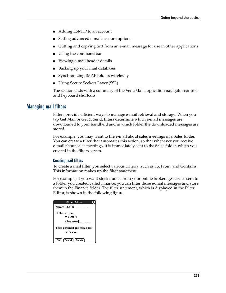 Managing mail filters, Creating mail filters | Palm TUNGSTEN T2 User Manual | Page 293 / 502