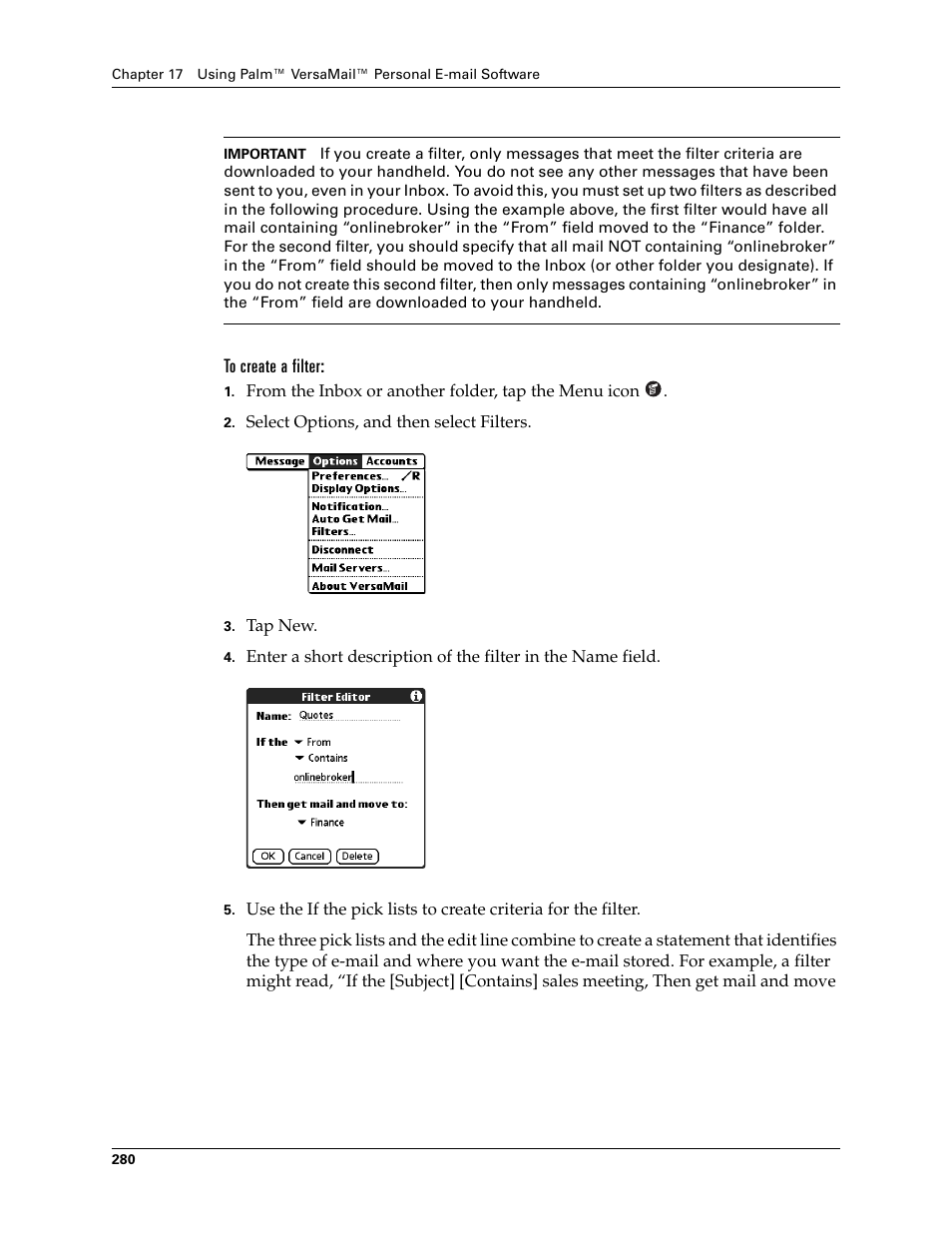 To create a filter | Palm TUNGSTEN T2 User Manual | Page 294 / 502