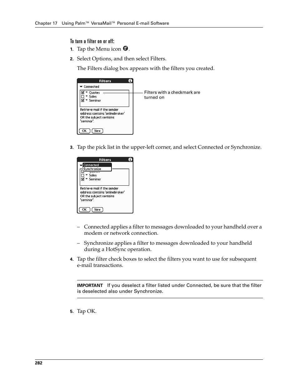 To turn a filter on or off | Palm TUNGSTEN T2 User Manual | Page 296 / 502