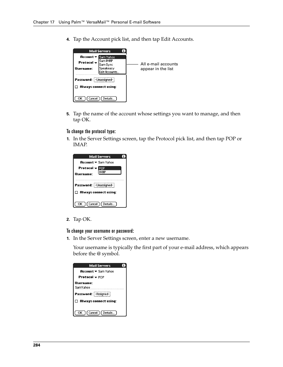 To change the protocol type, To change your username or password | Palm TUNGSTEN T2 User Manual | Page 298 / 502