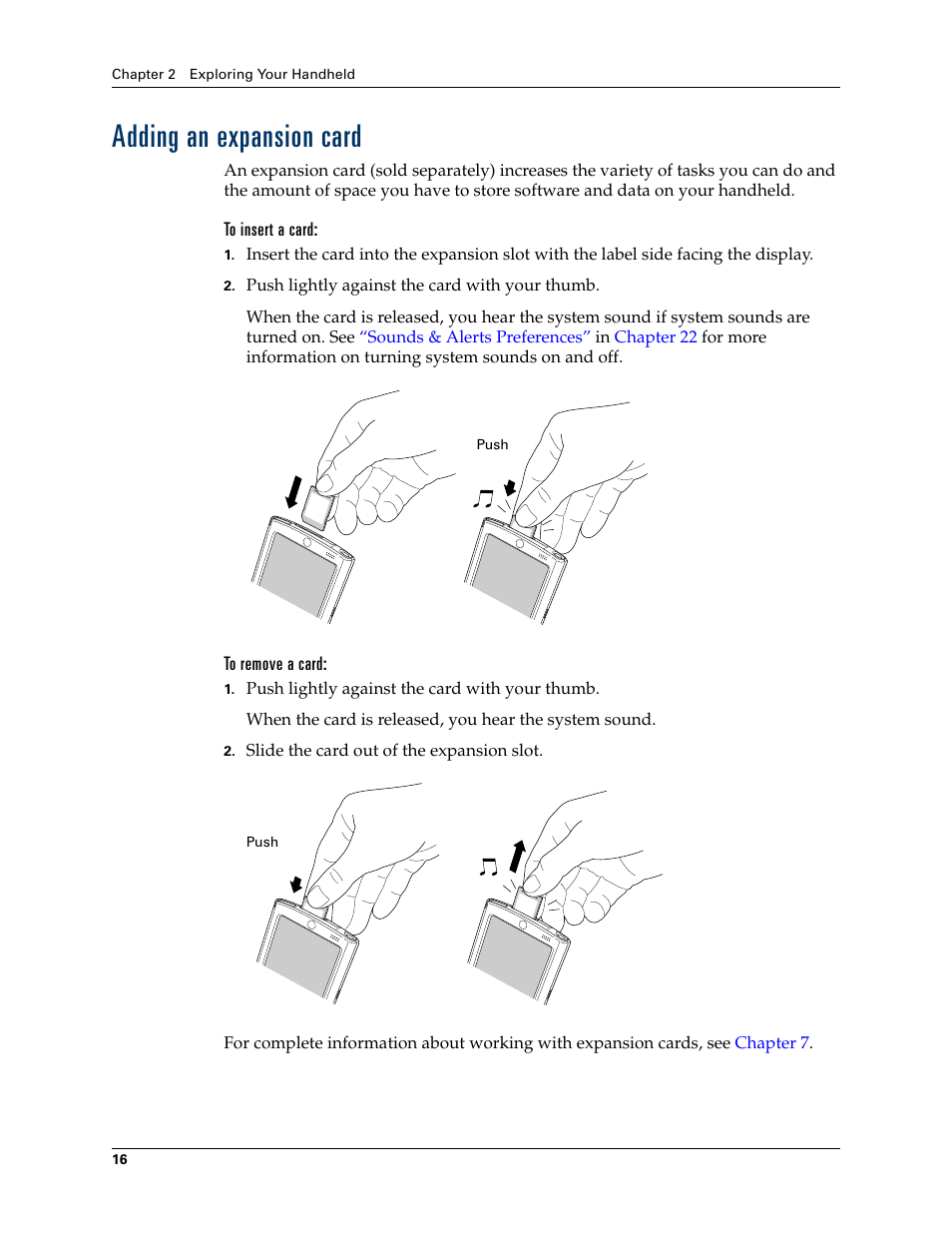 Adding an expansion card, To insert a card, To remove a card | Palm TUNGSTEN T2 User Manual | Page 30 / 502