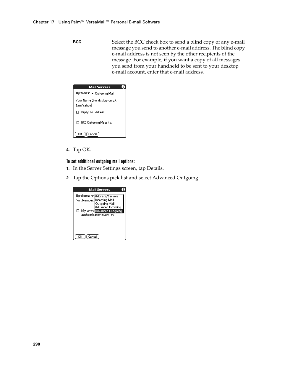 To set additional outgoing mail options | Palm TUNGSTEN T2 User Manual | Page 304 / 502