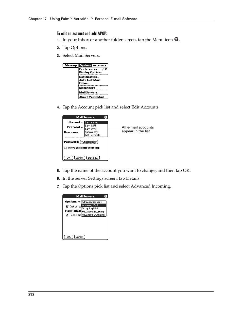 To edit an account and add apop | Palm TUNGSTEN T2 User Manual | Page 306 / 502