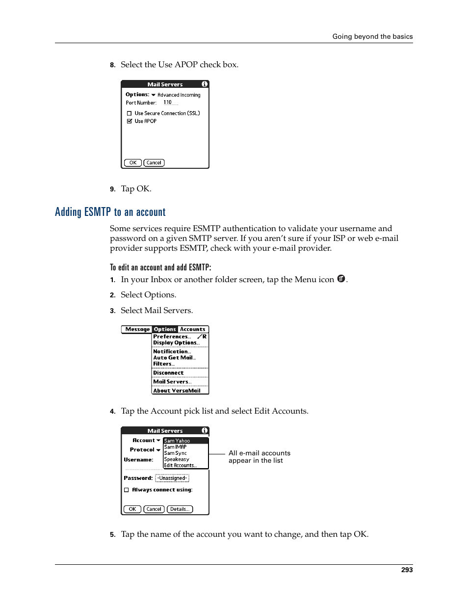 Adding esmtp to an account, To edit an account and add esmtp | Palm TUNGSTEN T2 User Manual | Page 307 / 502