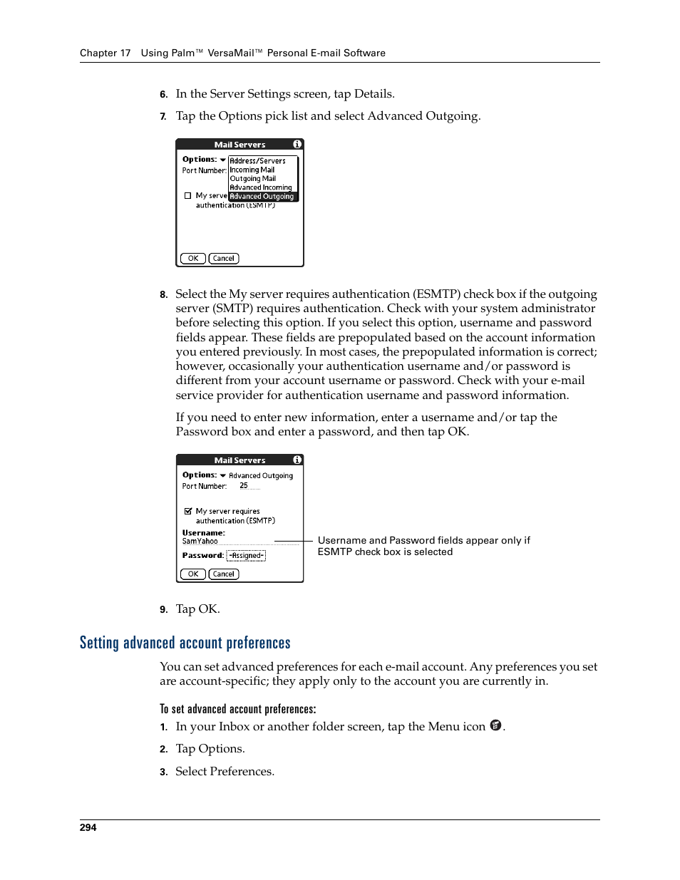 Setting advanced account preferences, To set advanced account preferences | Palm TUNGSTEN T2 User Manual | Page 308 / 502