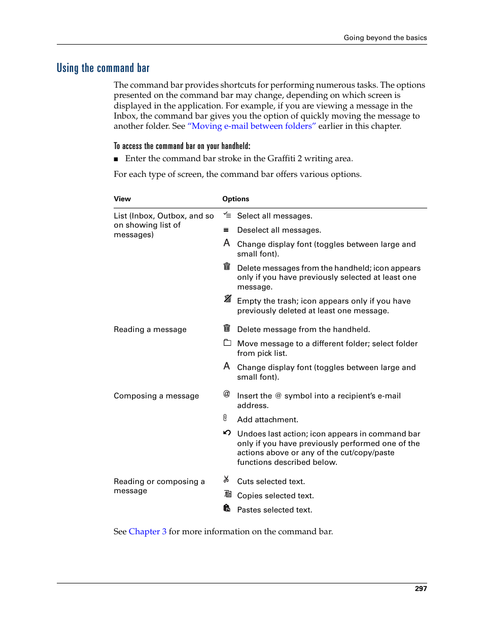 Using the command bar, To access the command bar on your handheld | Palm TUNGSTEN T2 User Manual | Page 311 / 502