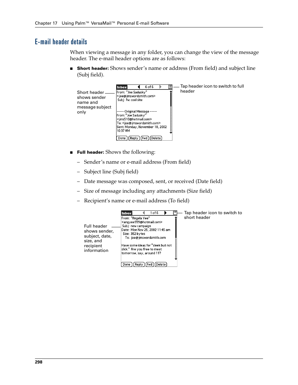 E-mail header details | Palm TUNGSTEN T2 User Manual | Page 312 / 502