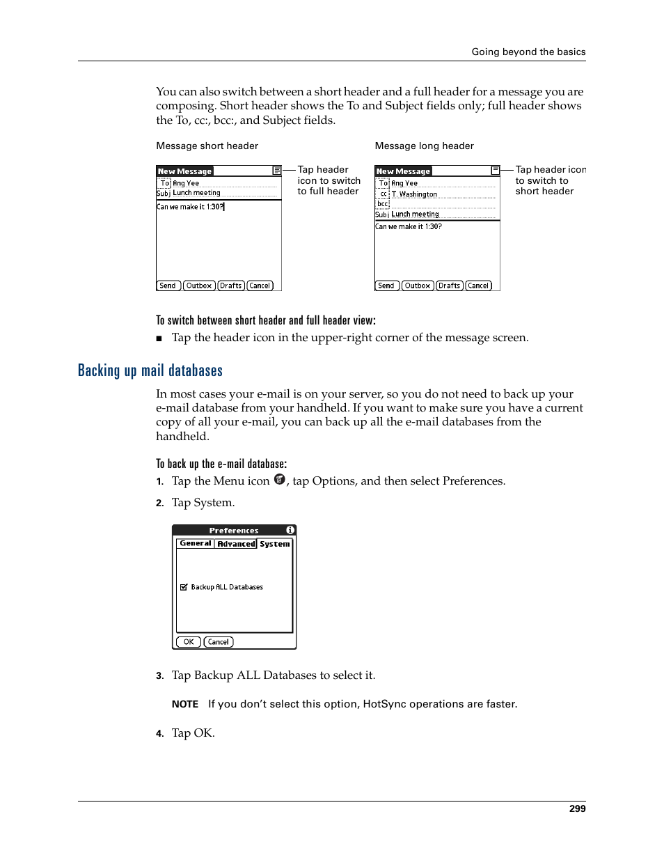 Backing up mail databases, To back up the e-mail database | Palm TUNGSTEN T2 User Manual | Page 313 / 502