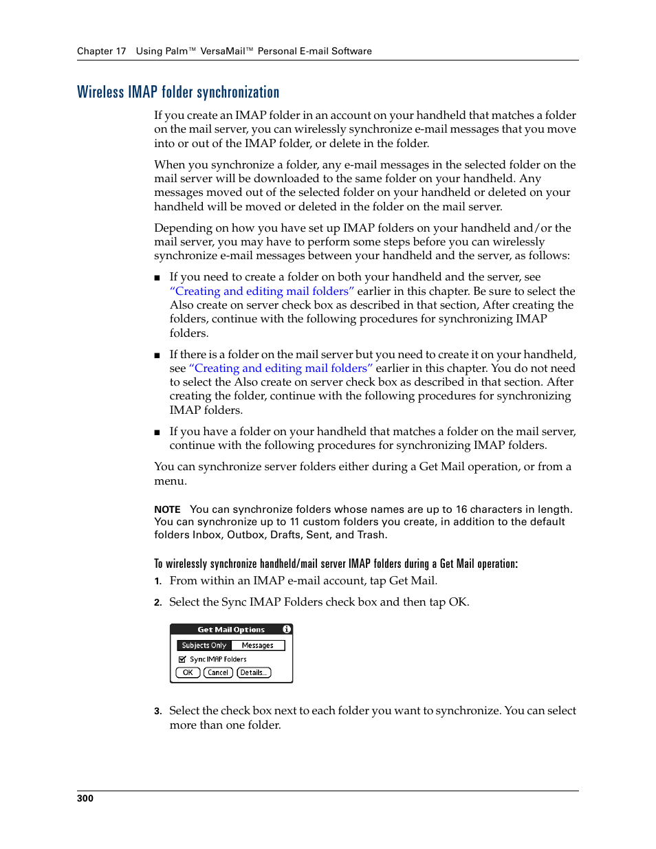 Wireless imap folder synchronization | Palm TUNGSTEN T2 User Manual | Page 314 / 502