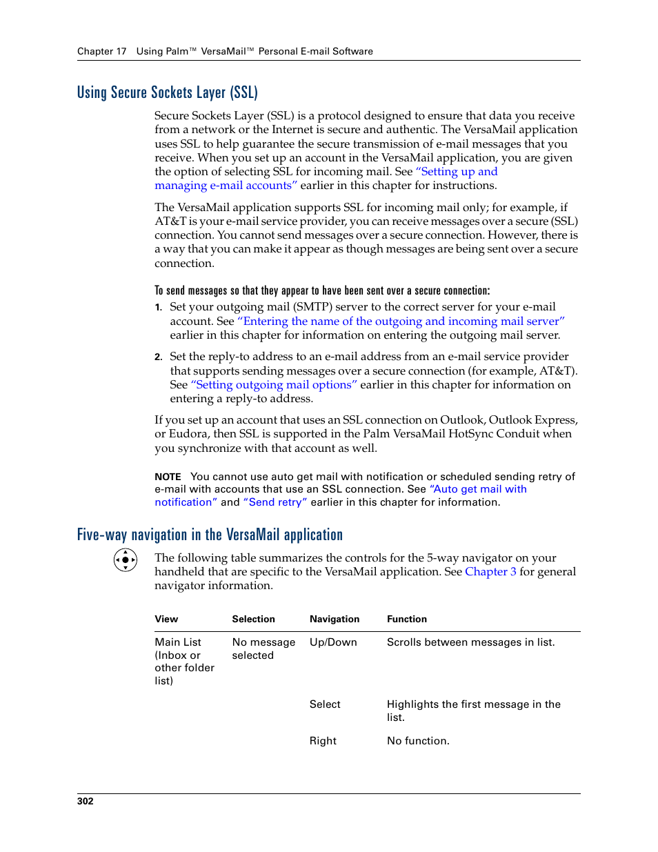 Using secure sockets layer (ssl), Five-way navigation in the versamail application | Palm TUNGSTEN T2 User Manual | Page 316 / 502